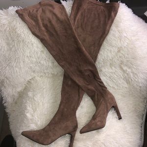 Tan nude suede thigh high boots